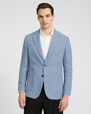 Express Men's Classic Blue Houndstooth Linen-Blend Blazer in Blue Print