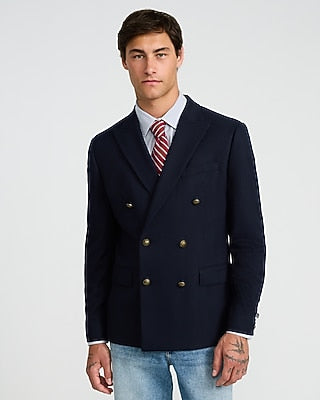 Express Men's Classic Navy Herringbone Double Breasted Novelty Button Blazer in Deep Navy