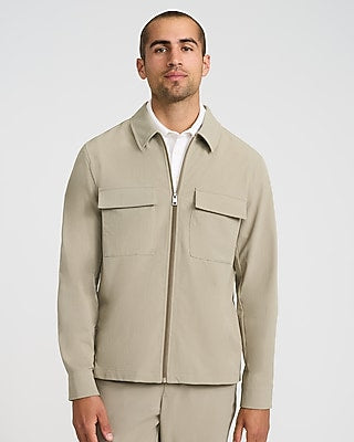 Express Men's Everyday Performance Double Flap Chest Pocket Khaki Zip Jacket in Mason Khaki