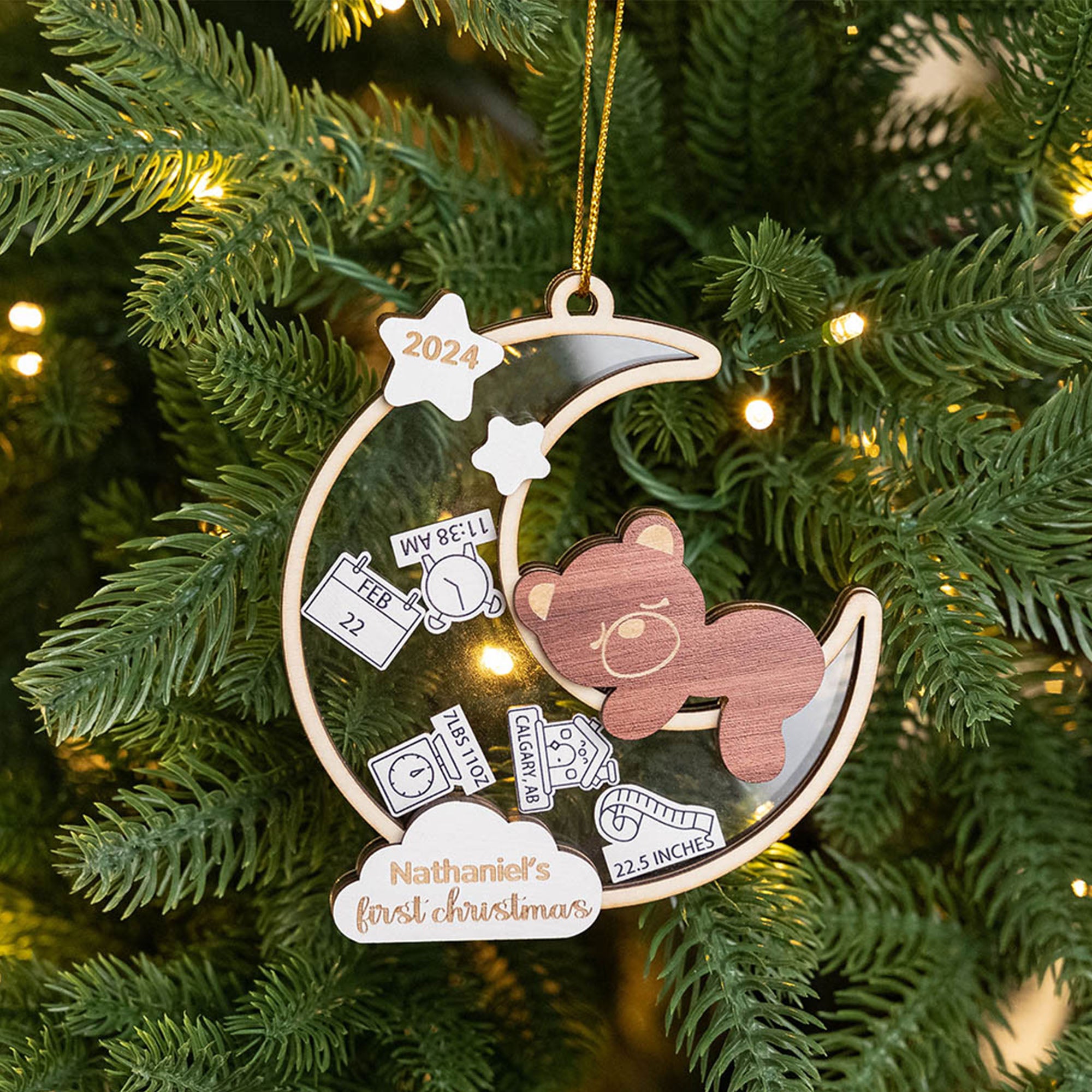 Adorno navideño personalizado con el nombre del bebé Oso agitador de la luna Decoración de la habitación Regalo de Navidad para niña Niño Padres