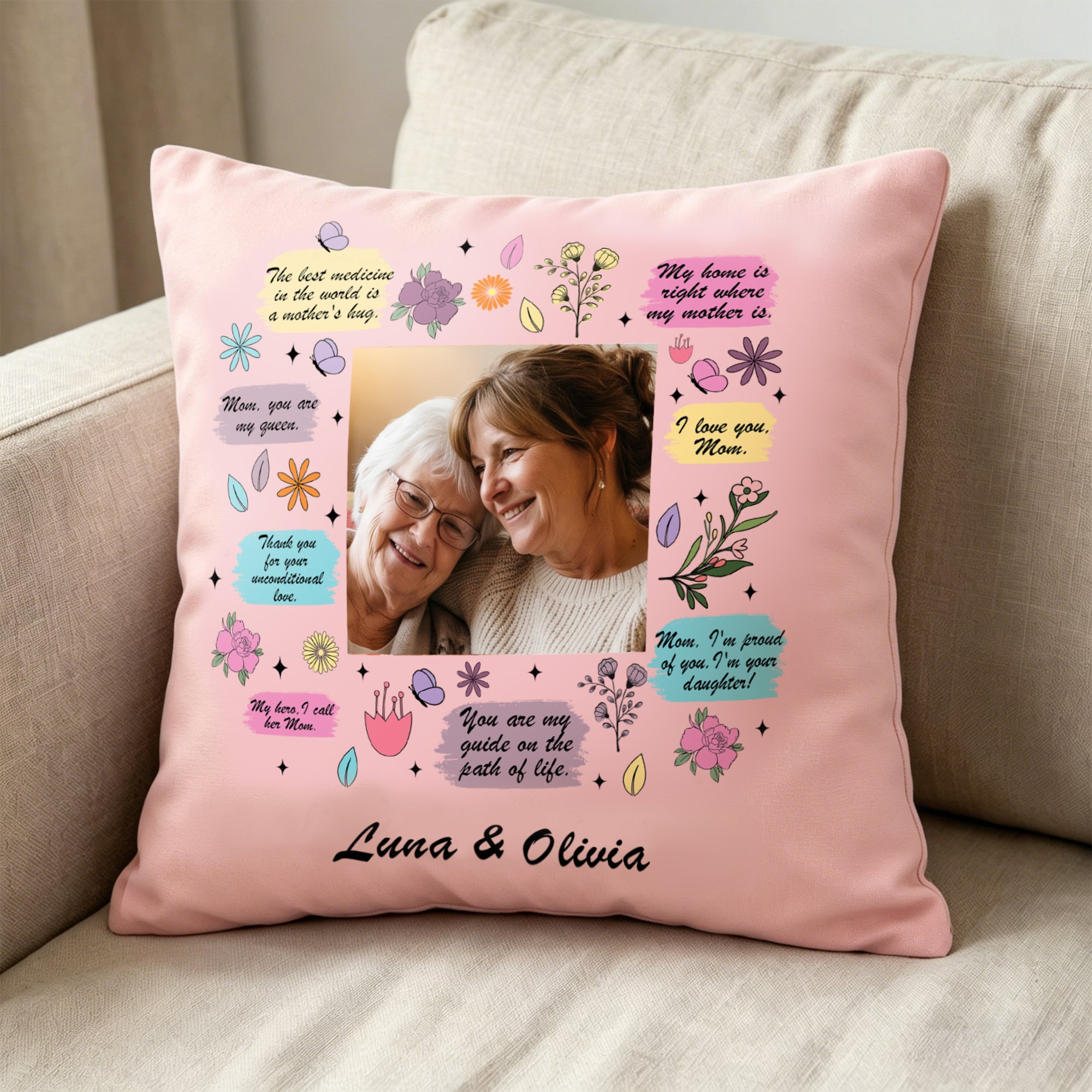 Personalizada Inspirational Mom Quote Photo Floral Soft Throw Pillow Cover with Name Home Sofa Decor Birthday Gift for Mom Grandma