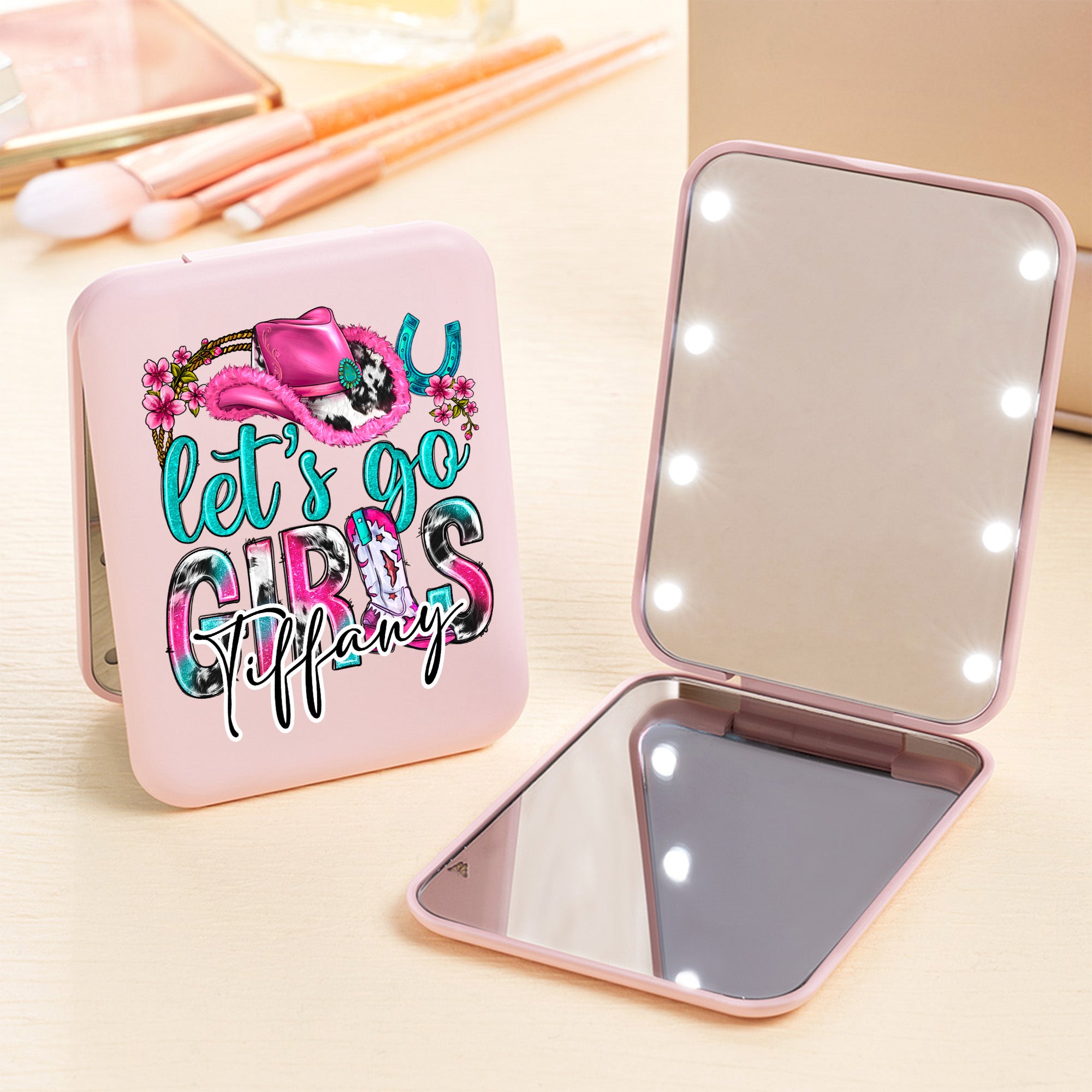 Personalizado sombrero de vaquera herradura estilo vaquera occidental LED de doble cara espejo de maquillaje con nombre Cumpleaños Boda Aniversario Regalo para Mujeres Niñas