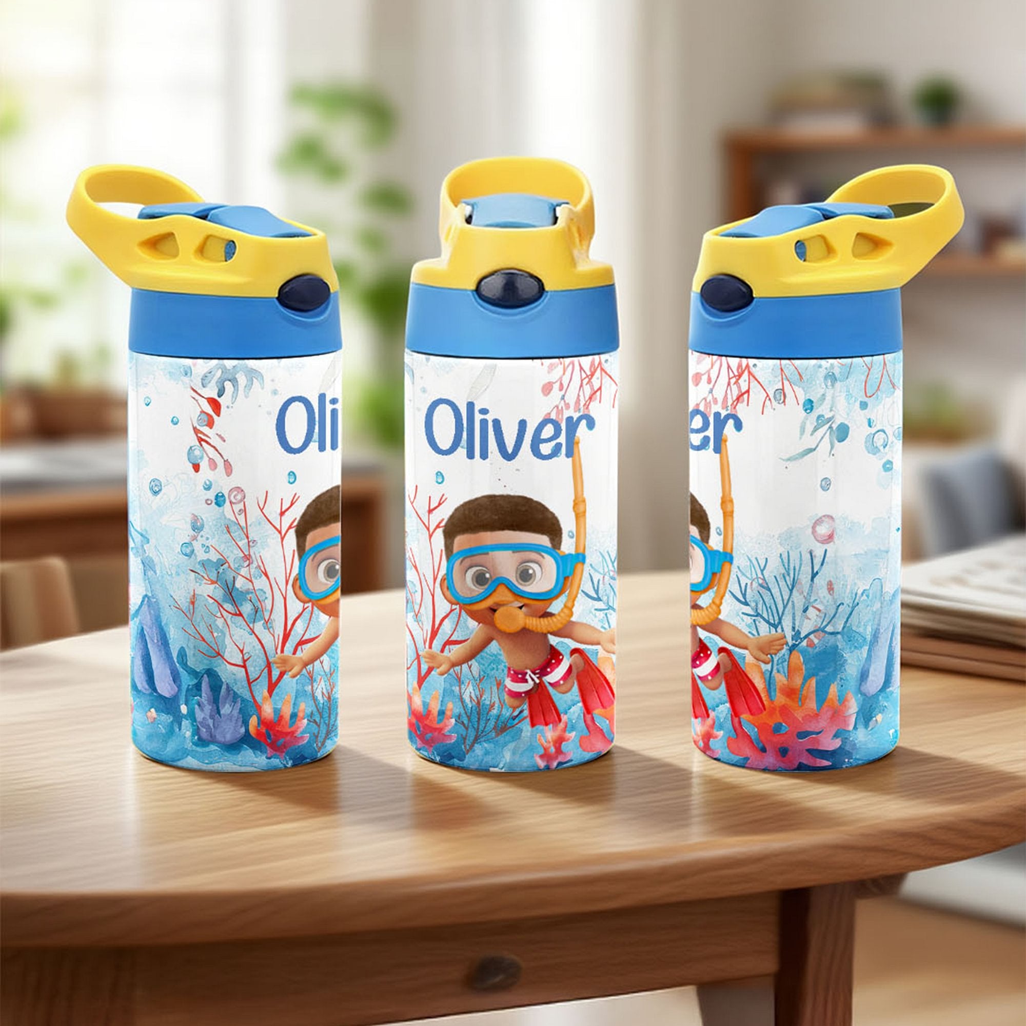 Botella isotérmica de agua para niños de 12 oz con asa y pajita personalizada con dibujos animados de buceadores Regalo de cumpleaños de vuelta al cole para niños y niñas