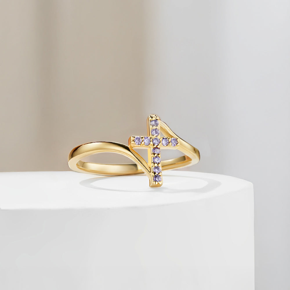 Personalizada Birthstone Cruz Dainty Anillo Minimalista Joyería Cumpleaños Religioso Bautizo Regalo para Mujer Cristiano
