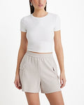 Express Women's High Waisted Luxe Lounge Cargo Shorts in Sandy Beige