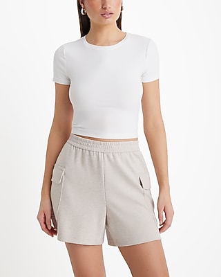 Express Women's High Waisted Luxe Lounge Cargo Shorts in Sandy Beige