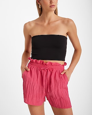 Express Women's Super High Waisted Crinkle Drawstring Paperbag Shorts in Pink Small