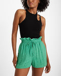 Express Women's Super High Waisted Crinkle Drawstring Paperbag Shorts in Green Small