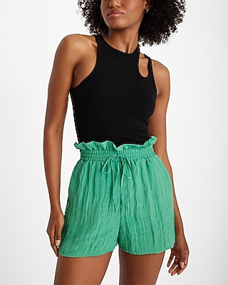 Express Women's Super High Waisted Crinkle Drawstring Paperbag Shorts in Green Small