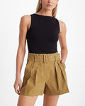Express Women's Super High Waisted Belted Paperbag Shorts in Moss Khaki