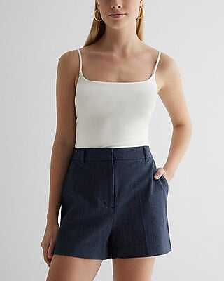 Express Women's Editor Twill Super High Waisted Tailored Shorts in Dark Wash