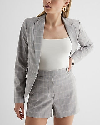 Express Women's Editor Super High Waisted Plaid Tailored Shorts in Plaid-Gray
