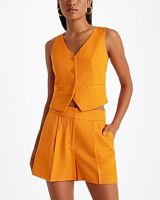Express Women's Stylist High Waisted Linen-Blend Pleated Shorts in Curry