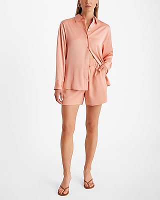 Express Women's High Waisted Satin Pull On Midi Shorts in Coral Dust