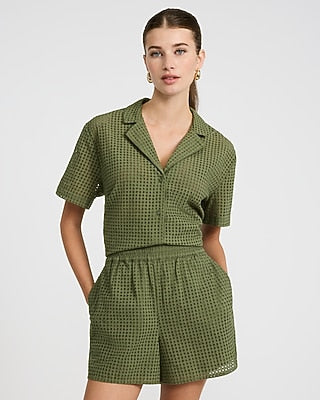 Express Women's Cotton Eyelet High Waisted Pull On Shorts in Green
