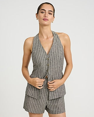 Express Women's Cotton-Linen Striped High Waisted Tailored Shorts in Print