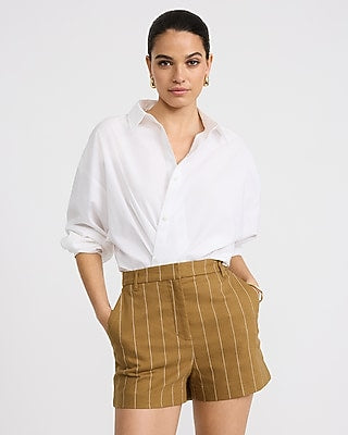 Express Women's Editor Linen-Blend Striped High Waisted Shorts in Green 0
