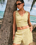 Express Women's Summer-Blend Linen Gingham High Waisted Pull On Short in Green Print