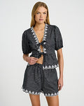 Express Women's Linen-Blend in Striped Eyelet Scalloped Pull On Shorts