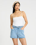 Express Women's High Waisted Light Wash Pull On Jean Shorts in Blue Small