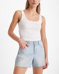 Express Women's Mid Rise Light Wash Raw Hem Midi Jean Shorts in Blue 0
