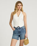 Express Women's High Waisted Medium Wash 50/50 Rigid Stretch Dad Jean Shorts in Blue 0