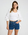 Express Women's High Waisted Dark Wash Raw Hem Vintage Jean Shorts in Blue 0
