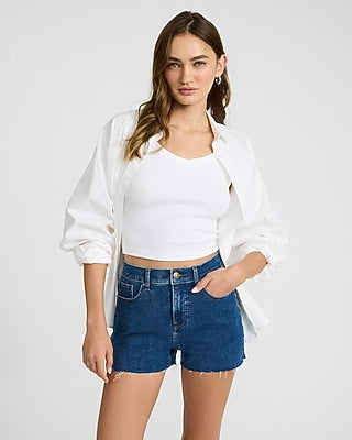 Express Women's High Waisted Dark Wash Raw Hem Vintage Jean Shorts in Blue 0