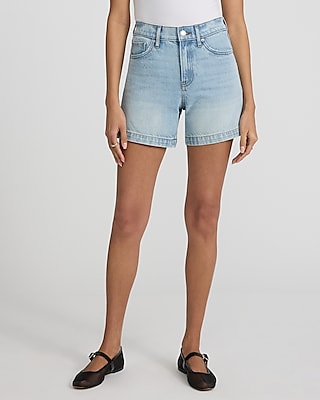 Express Women's High Waisted Light Wash 50/50 Rigid Stretch Dad Jean Shorts in Blue 0