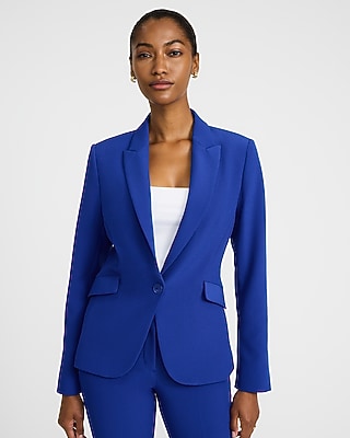 Express Women's Editor Studio Stretch Twill Fitted One Button Cropped Business Blazer in Blue Small