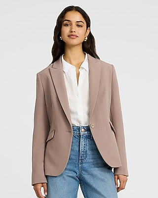 Express Women's Editor Studio Stretch Twill Fitted One Button Cropped Business Blazer in Brown Small