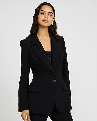 Express Women's Studio Stretch Twill Long Slim Cropped Business Blazer in Black Small