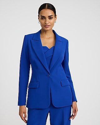 Express Women's Studio Stretch Twill Long Slim Cropped Business Blazer in Blue Small