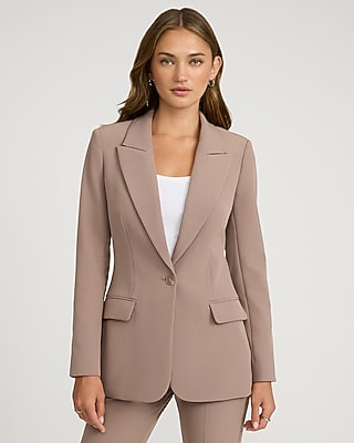 Express Women's Studio Stretch Twill Long Slim Cropped Business Blazer in Brown Small