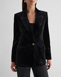 Express Women's Velvet One Button Cropped Business Blazer in Pitch Black
