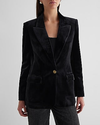 Express Women's Velvet One Button Cropped Business Blazer in Pitch Black