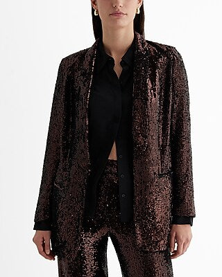 Express Women's Sequin Open Front Oversized Boyfriend Blazer in Bronze