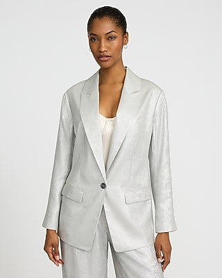 Express Women's Metallic Silver Oversized Boyfriend Blazer in Warm Ivory