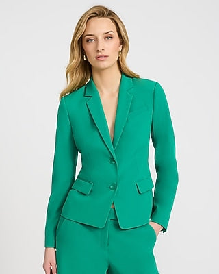 Express Women's Editor Studio Stretch Twill Fitted Two Button Cropped Business Blazer in Green Small