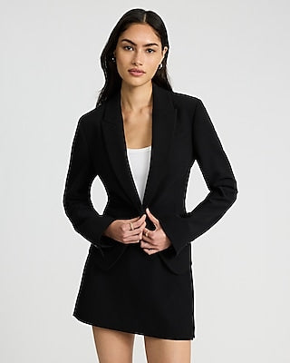 Express Women's Studio Stretch Twill Cropped Fitted Cutaway Business Blazer in Pitch Black