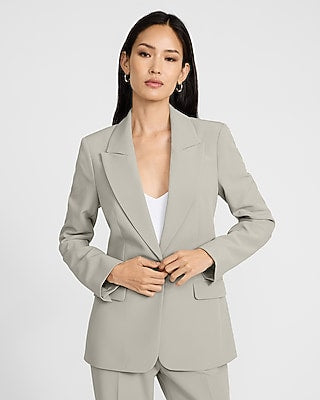 Express Women's Signature Stretch Long Slim Cropped Business Blazer in Silver Sage