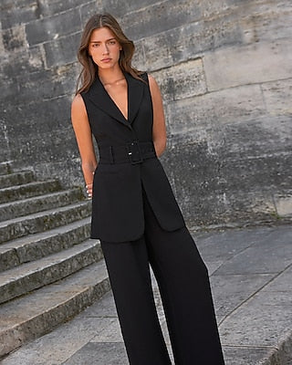 Express Women's Signature Crepe Long Belted Blazer Vest in Pitch Black