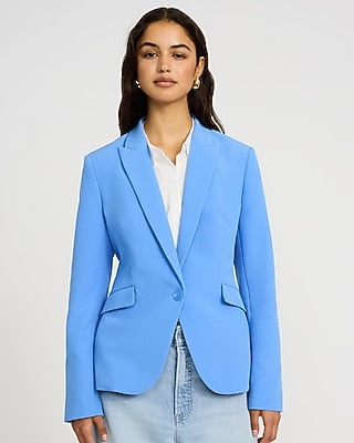 Express Women's Editor Signature Stretch Fitted One Button Cropped Business Blazer in Blue Small