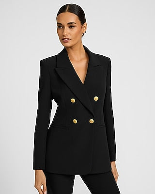 Express Women's Studio Stretch Twill Double Breasted Novelty Button Long Slim Cropped Business Blazer in Black Small