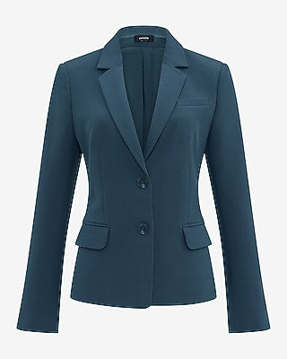 Express Women's Editor Signature Stretch Fitted Two Button Cropped Business Blazer in Blue Small