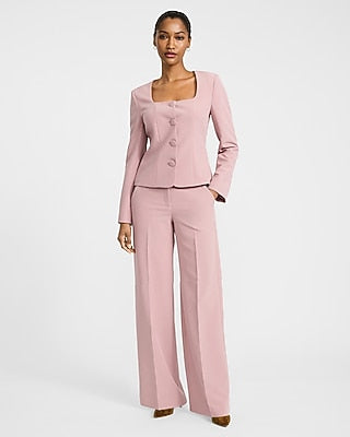 Express Women's Signature Stretch Fitted Collarless Square Neck Cropped Business Blazer in Pink Small