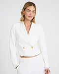 Express Women's Studio Stretch Twill Gold Button Double Breasted Cropped Business Blazer in White