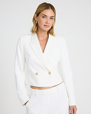Express Women's Studio Stretch Twill Gold Button Double Breasted Cropped Business Blazer in White