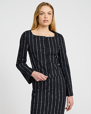 Express Women's Linen-Blend Striped Collarless Square Neck Cropped Business Blazer in B&w Print