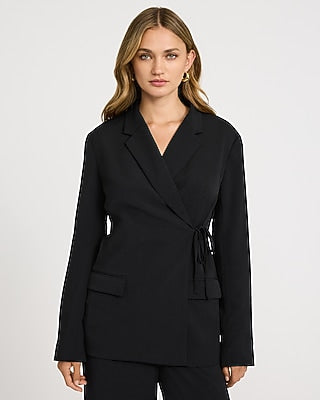 Express Women's Notched Collar Wrap Tie Cropped Business Blazer in Black Small